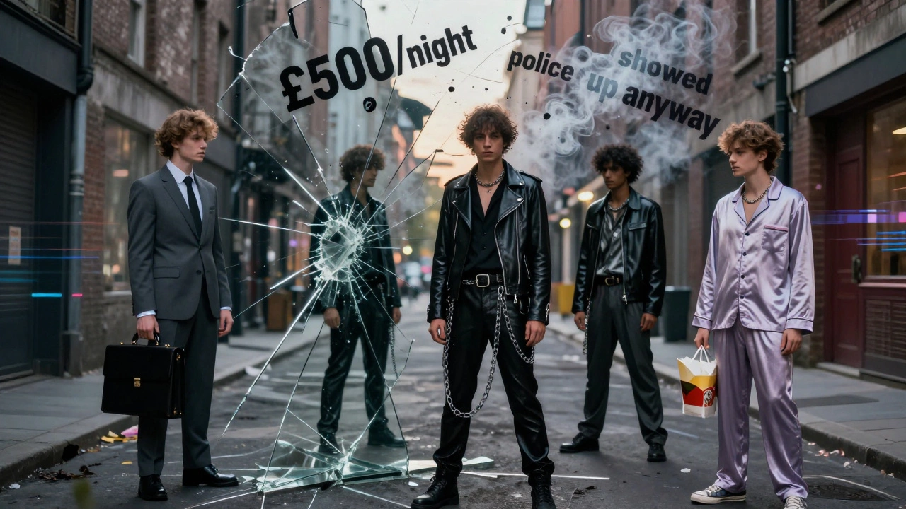 A fractured mirror reflecting different versions of a gender-fluid person in an urban alley, with fading marketing slogans dissolving into smoke.