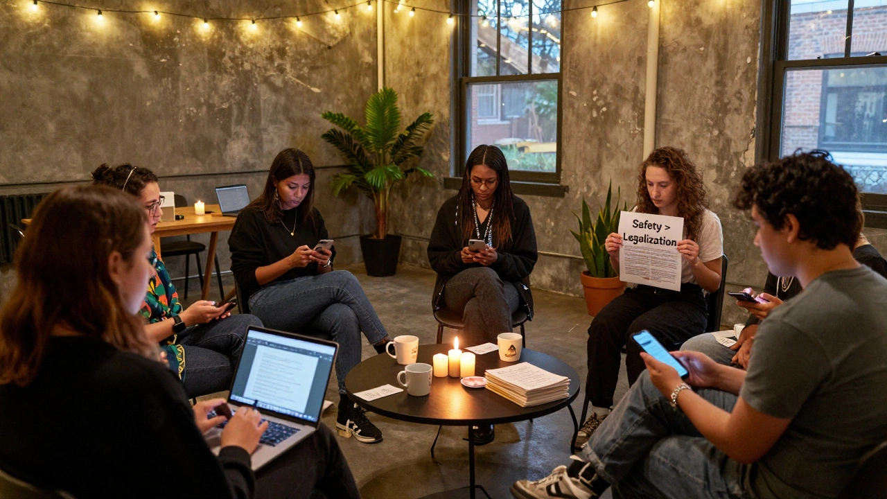 A group of queer individuals gathered in a cozy warehouse space, learning about digital safety from Vixen Temple under string lights.