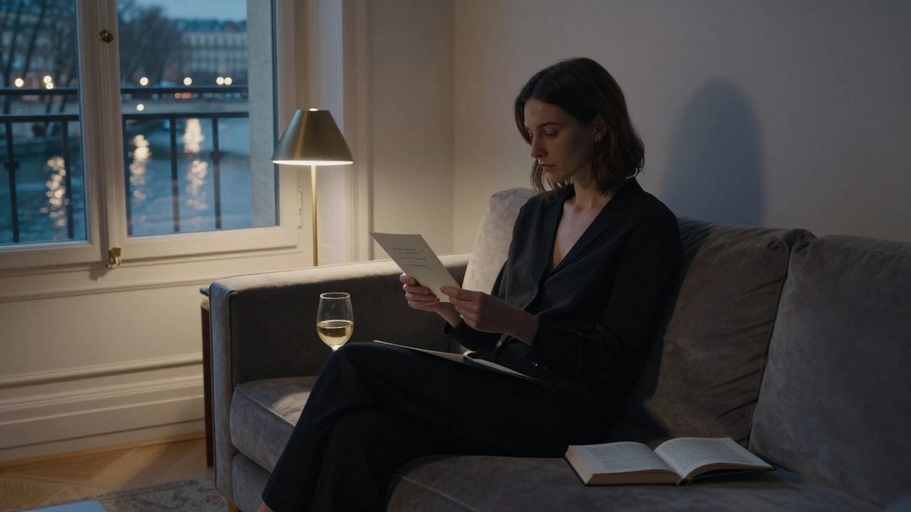 A woman sits alone in a Paris apartment, reading a letter by lamplight, a book of poetry beside her.