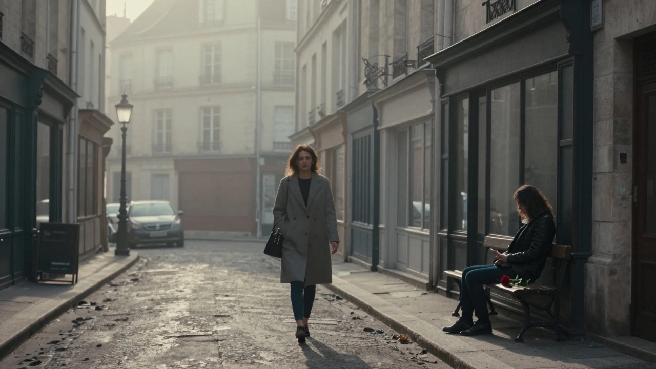 A woman walks alone through Montmartre at dawn, a red rose left on a bench, mist rising around quiet streets.